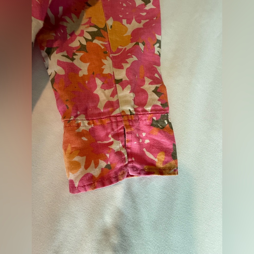 Sigrid Olsen 3/4 Sleeve Top Large Pink Orange Floral Linen Split Neck High Low - Picture 13 of 16